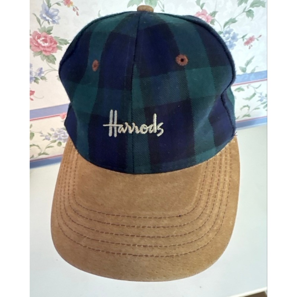 Harrods‎ Baseball Cap Black Watch Plaid Tartan Navy Green Tan Suede Brim Hat